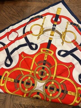 Red, White & Navy Equestrian Print Silk Square Scarf